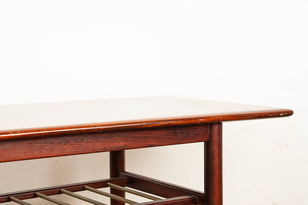 Rosewood and metal tube coffee table, two levels, Denmark 1960.