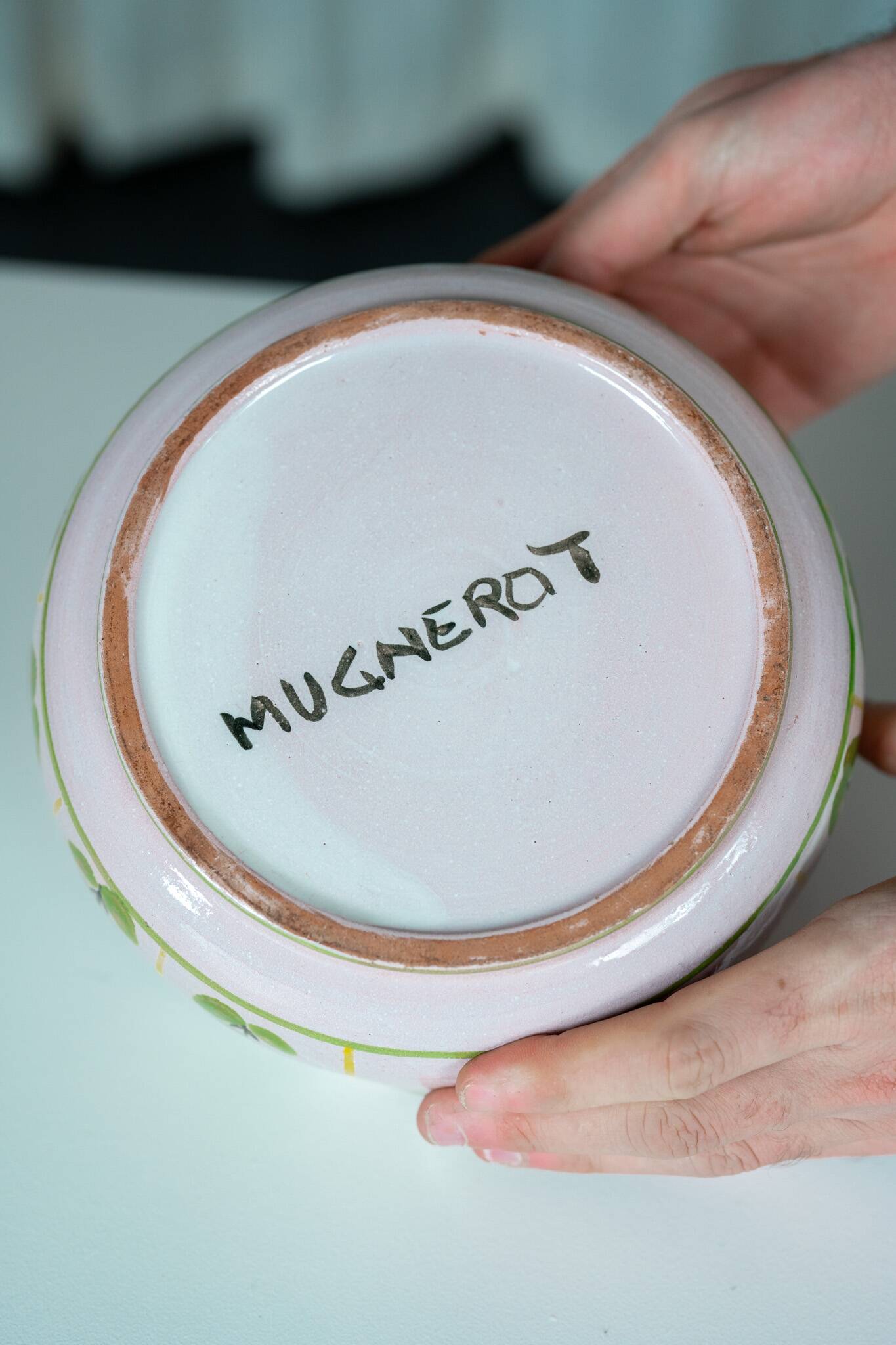 Ceramic soup tureen with plant motif, Mugnerot workshop, France, 1960