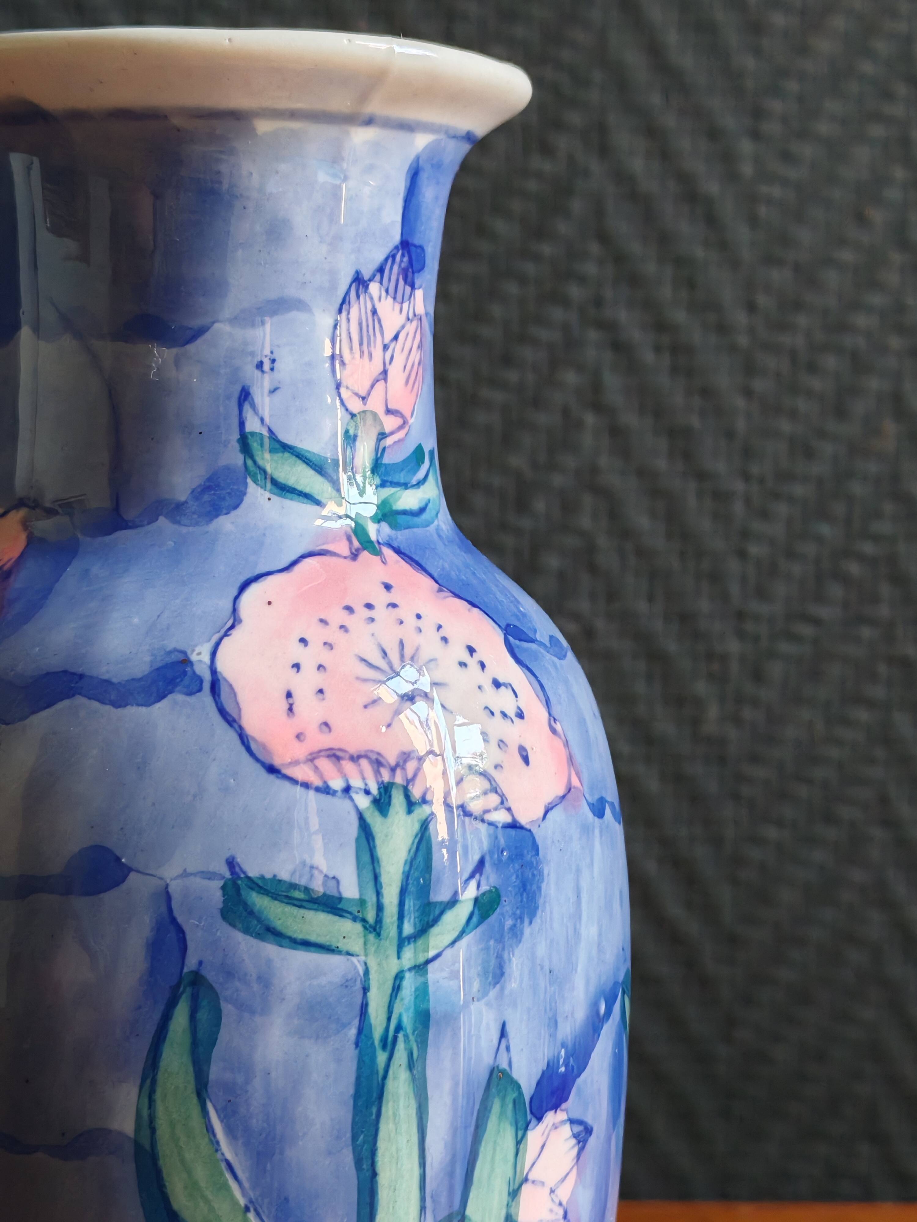 Vintage Blue Ceramic Vase with Pink Floral Decoration, Shabby Chic Style
