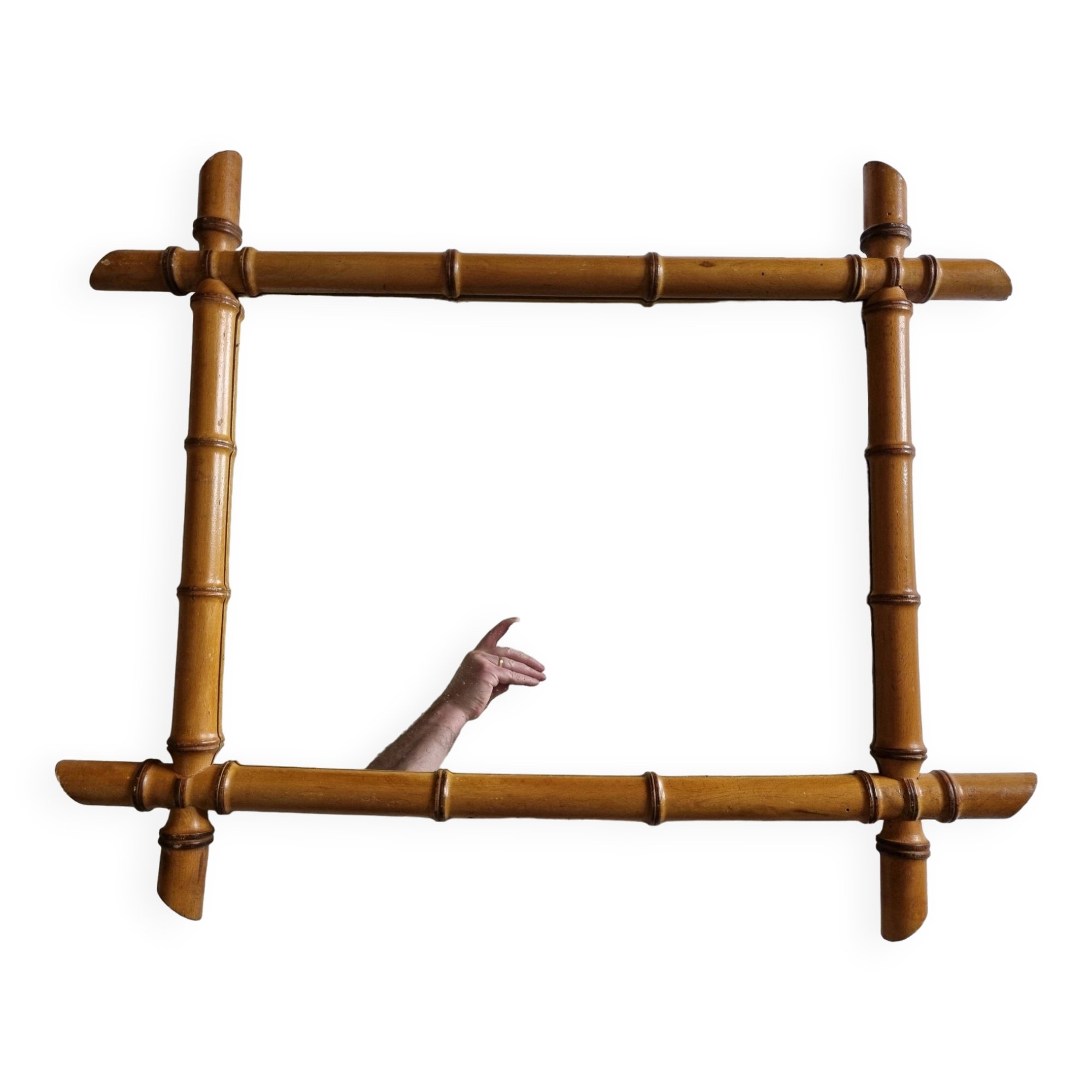 Turned wooden mirror in imitation of bamboo, mid-century, 54 cm x 67 cm