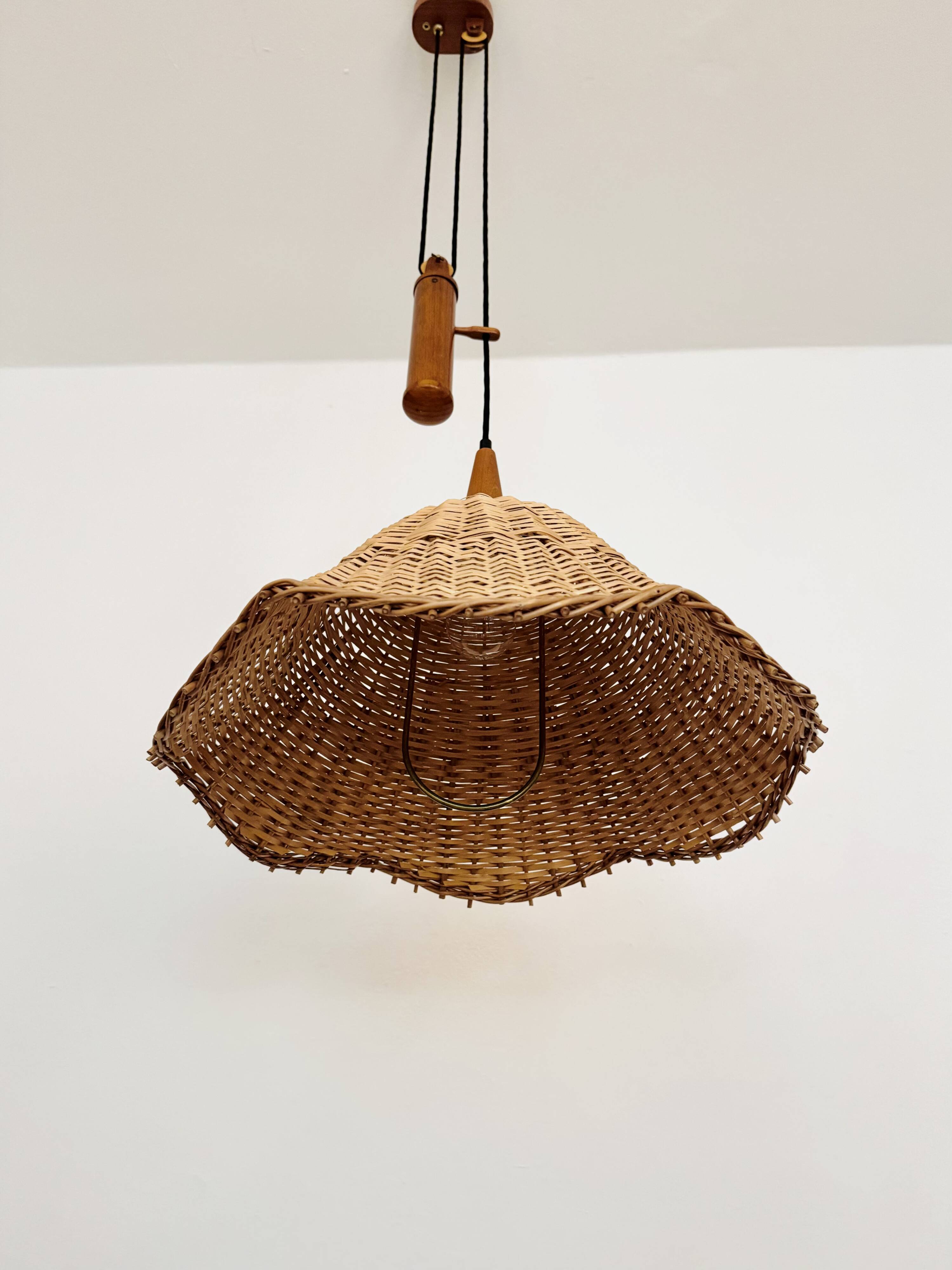 Adjustable Wicker and Teak Pendant Lamp