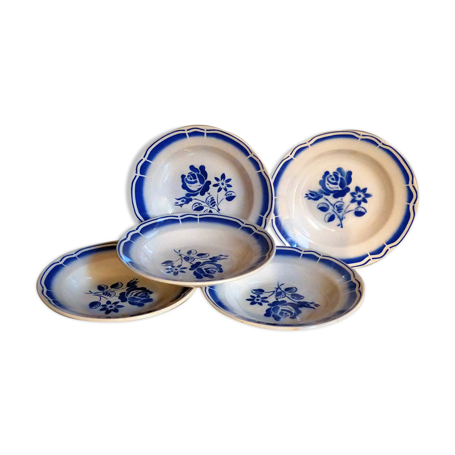 Five old "grandmother" plates with blue flowers