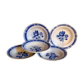Five old "grandmother" plates with blue flowers