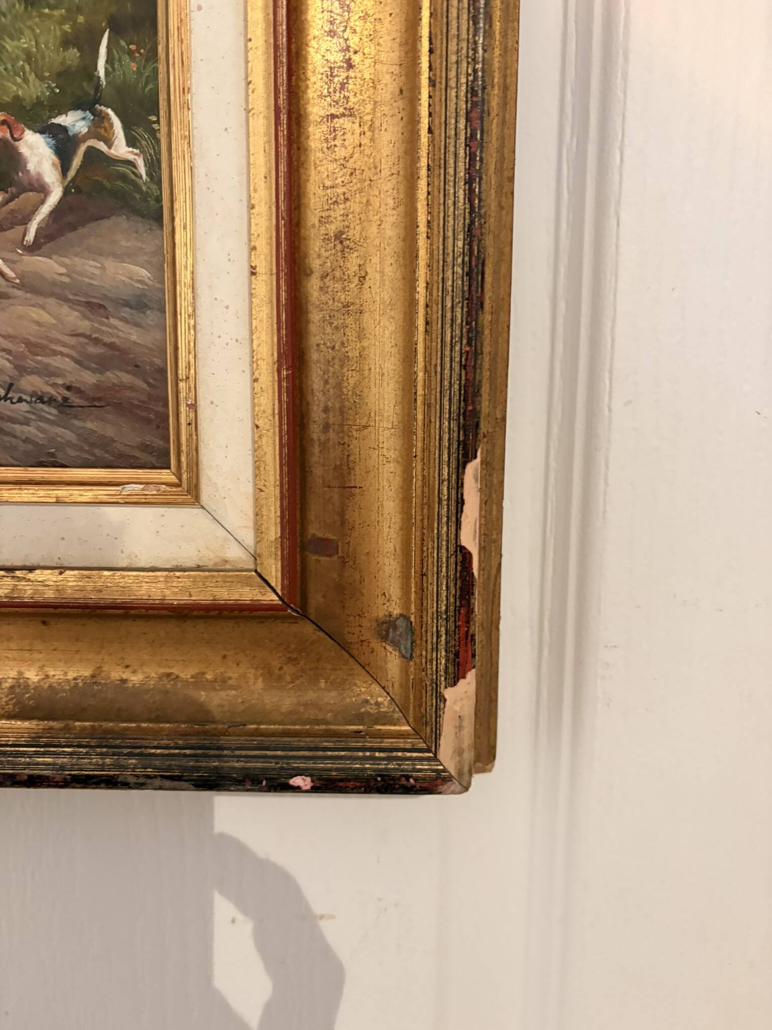 Oil Painting Panel Wood Gilded Hunting English Dog 19th Century