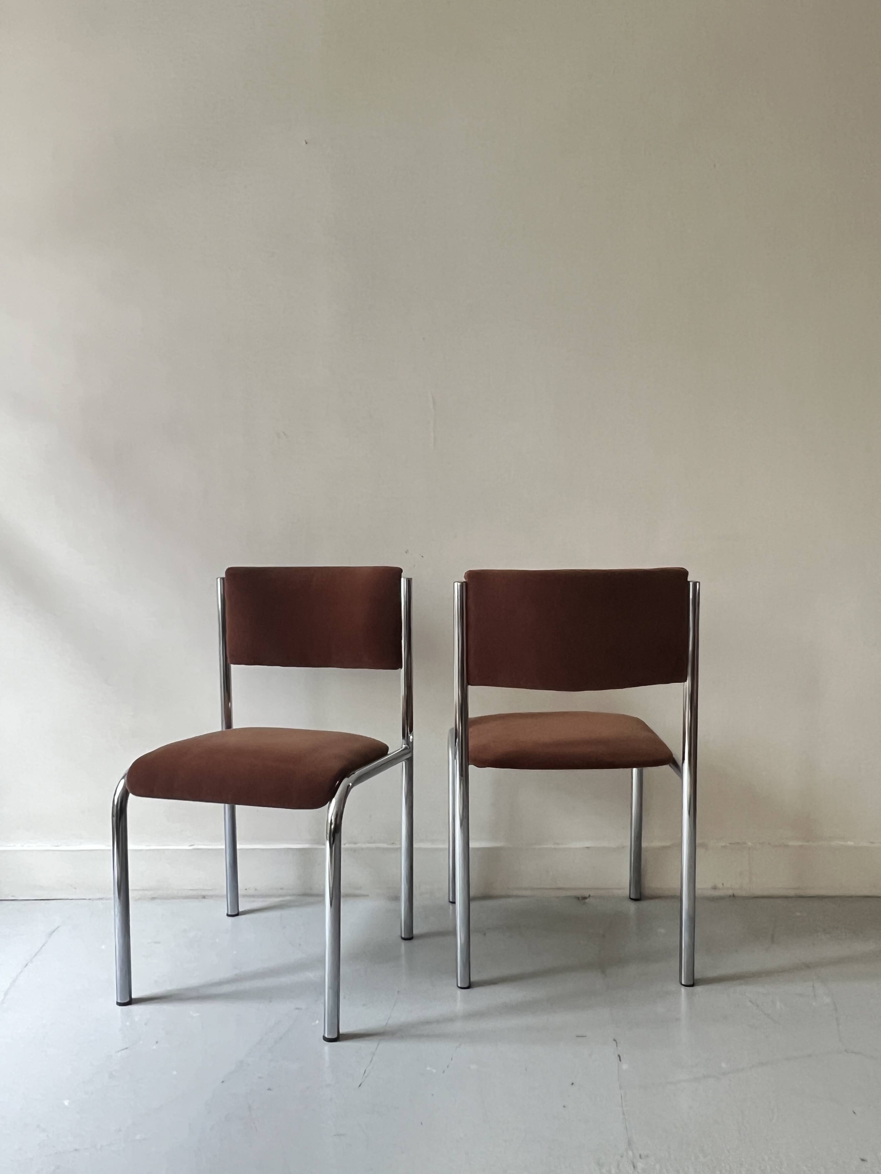 Pair of chrome and chestnut brown velvet chairs, 1970s design
