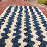 Large striped Berber rug 274x208 cm – Cream & blue wool – Graphic pattern