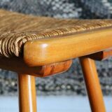 Tabouret style scandinave en paille et bois, années 1950