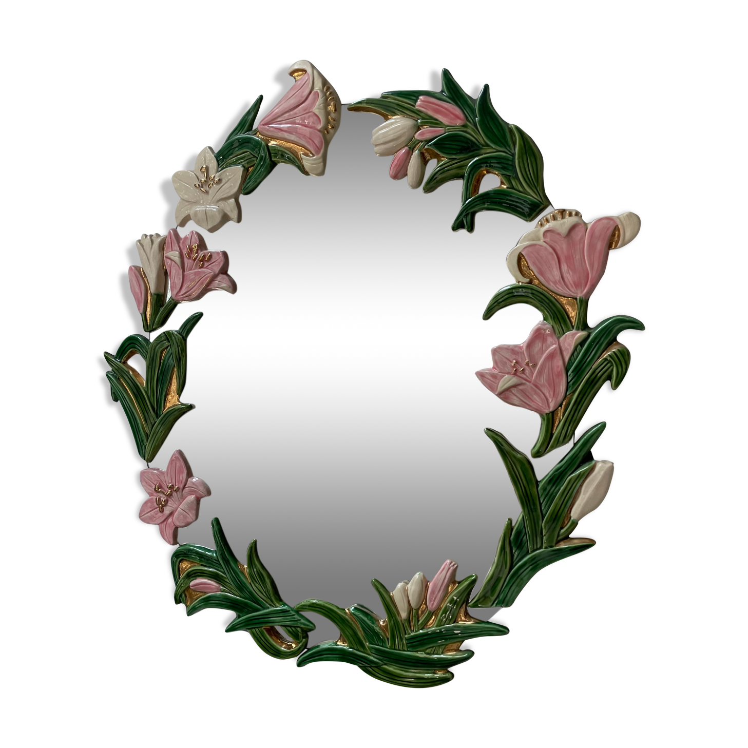 Oval ceramic mirror with flowers
