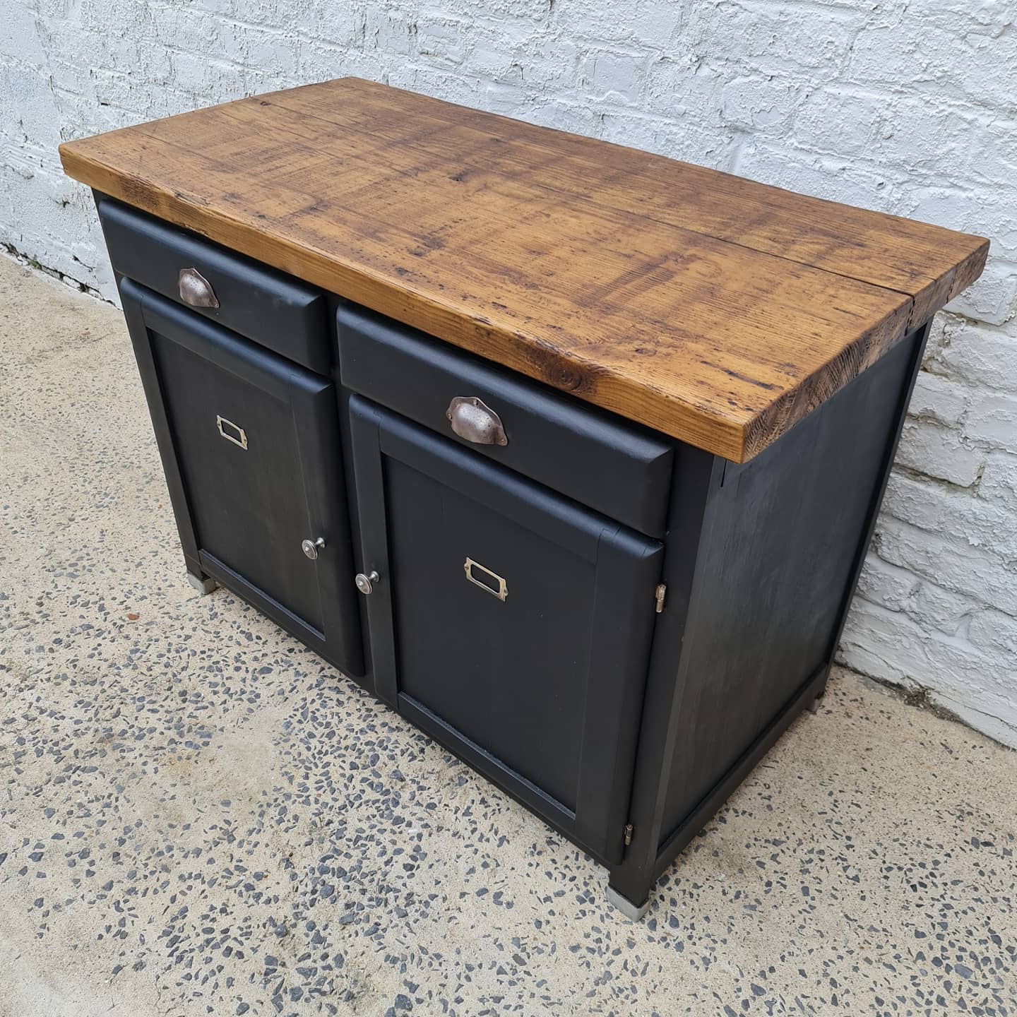 Old workshop furniture workbench tray two doors two drawers