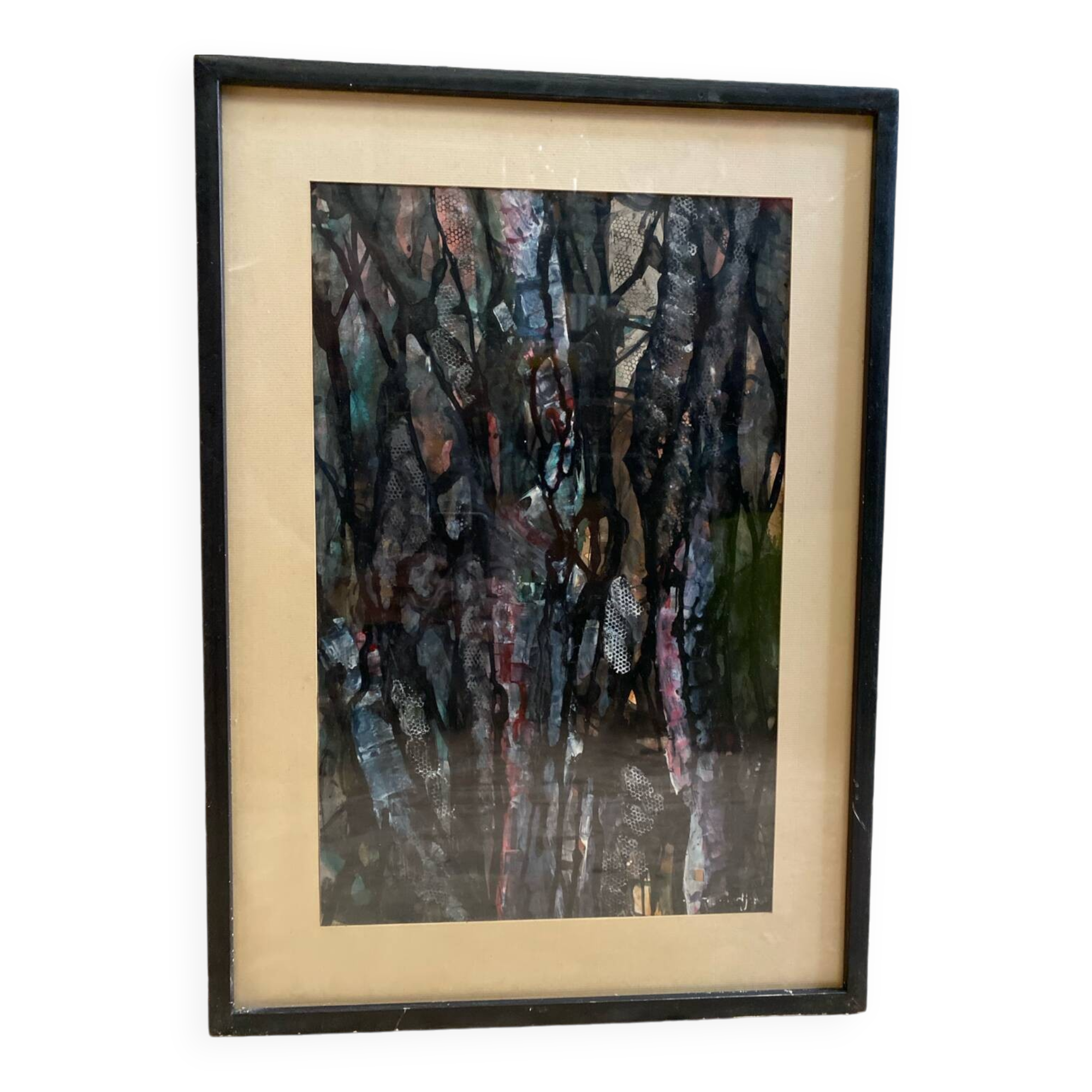 Old Abstract Oil On Paper Signed + Black Wood Frame #B548