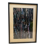 Old Abstract Oil On Paper Signed + Black Wood Frame #B548
