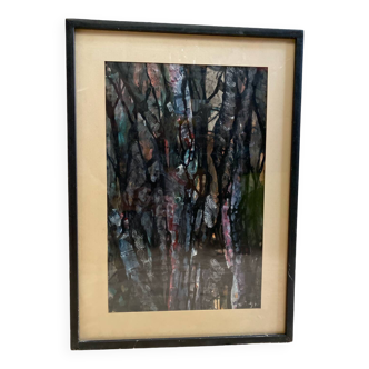 Old Abstract Oil On Paper Signed + Black Wood Frame #B548