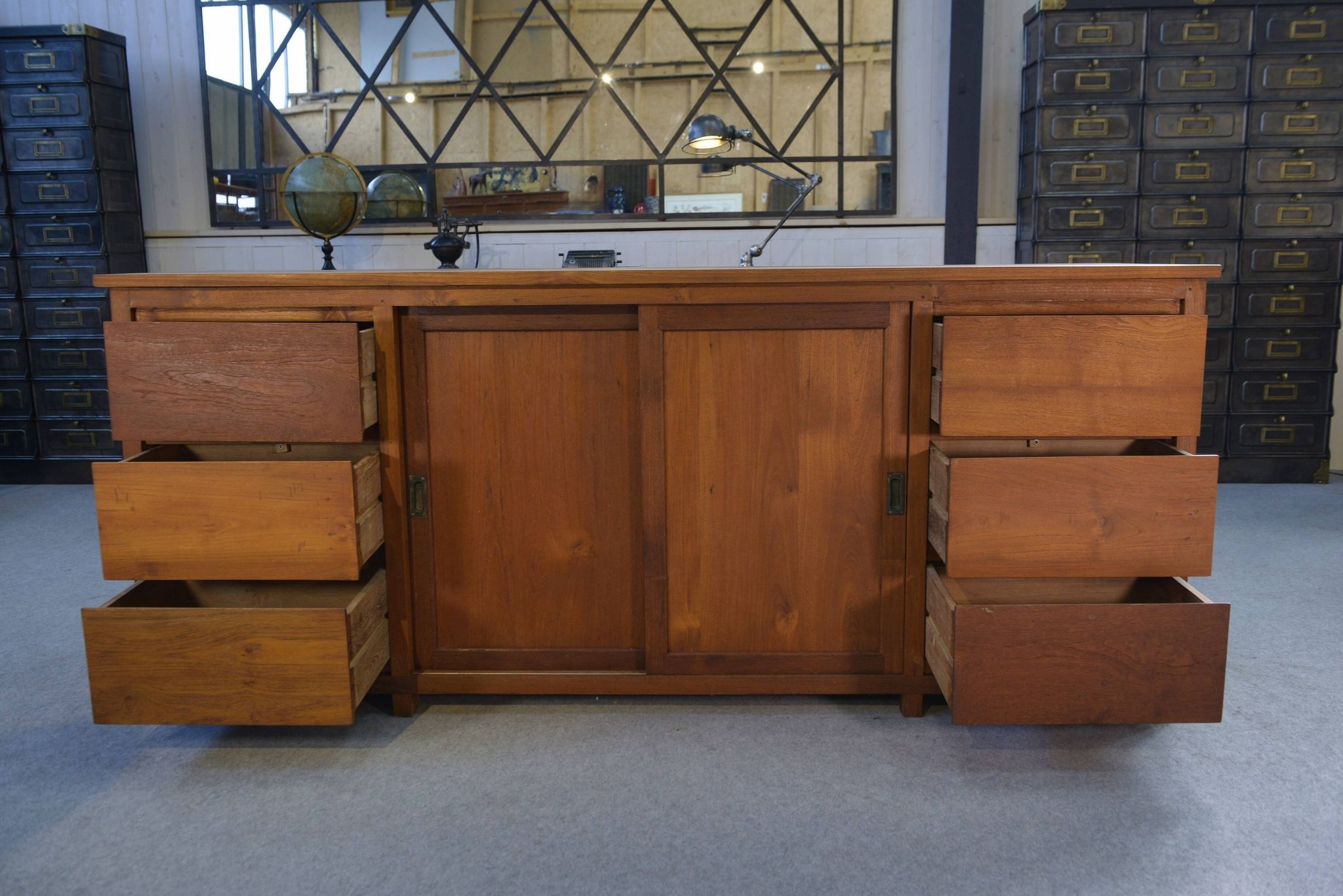 Large teak sideboard with 6 drawers and 2 sliding doors