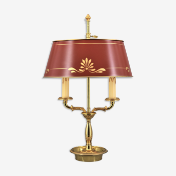 Lampe bouillotte de style empire, deux lumières, avec abat-jour laqué ovale "lucien gau "
