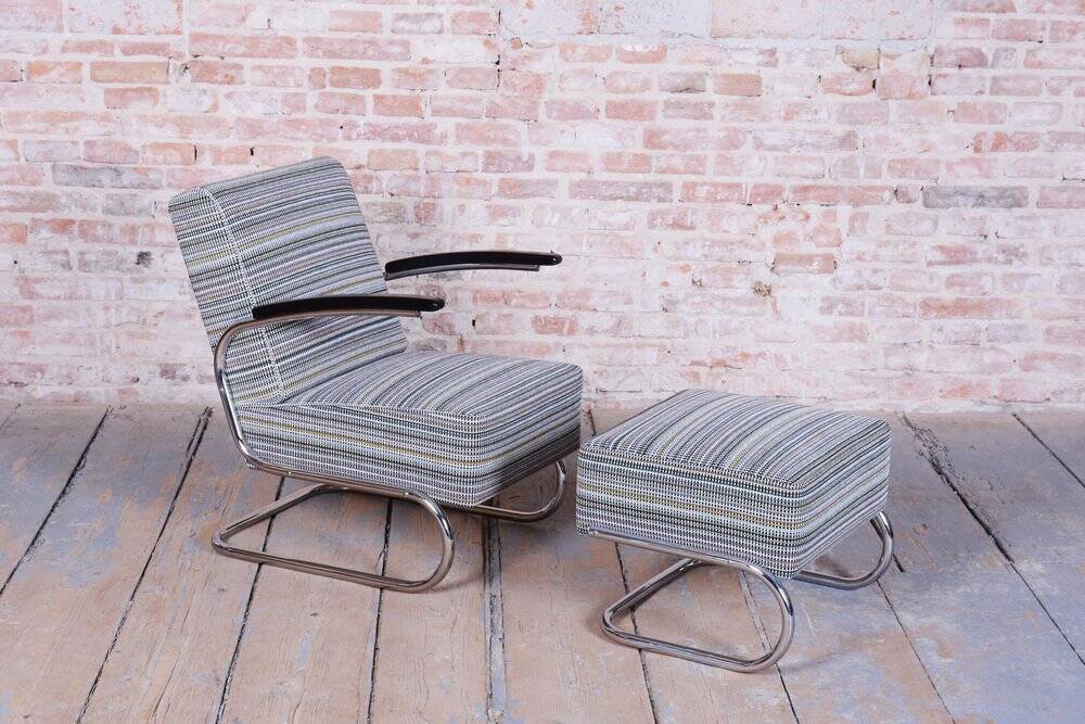 Set of Czech Bauhaus Armchair and Ottoman attributed to W. Gispen for Mücke-Melder, 1930s, Set of 2