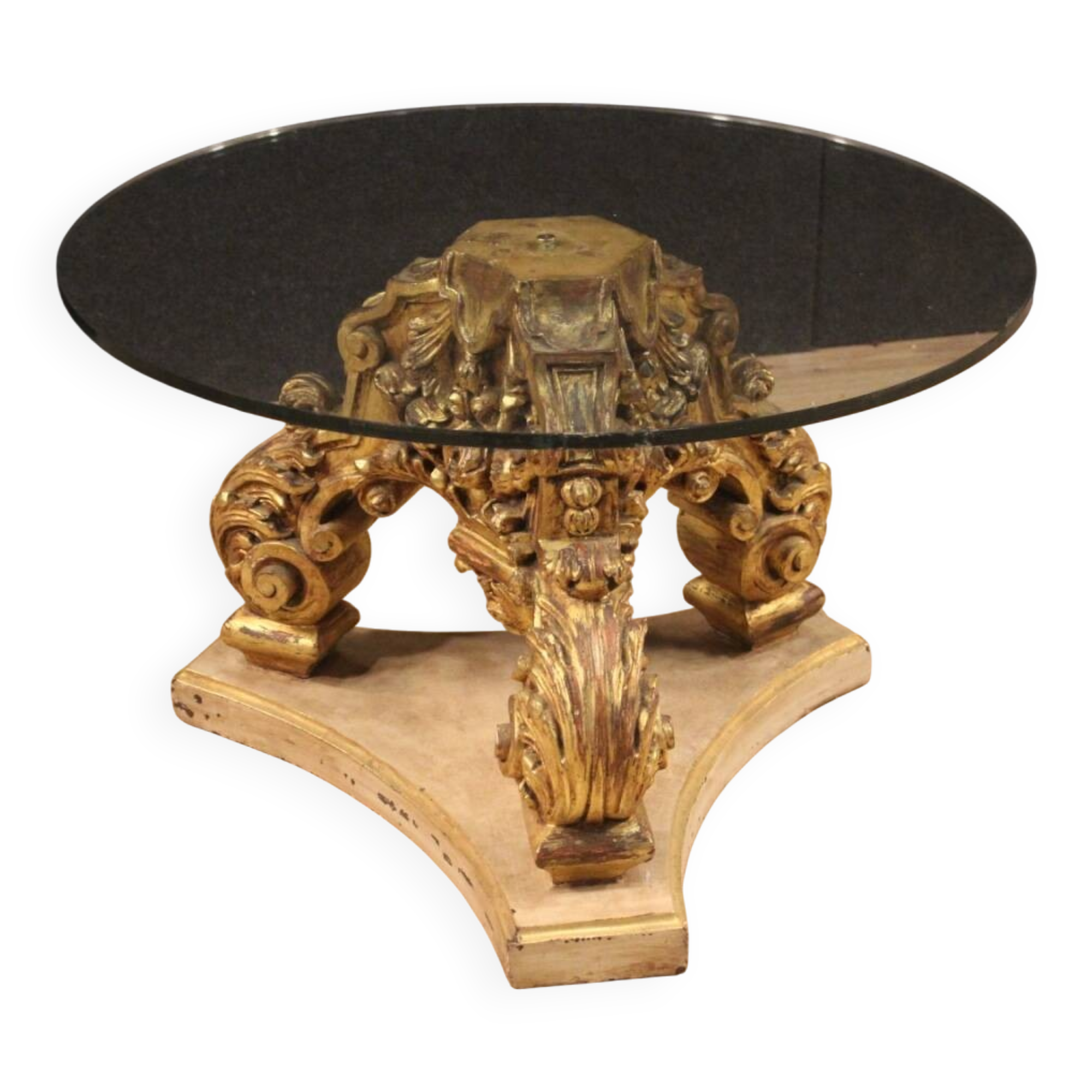 Italian lacquered and gilded round coffee table with glass top