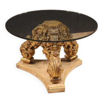 Table basse ronde italienne laquée et dorée avec plateau en verre