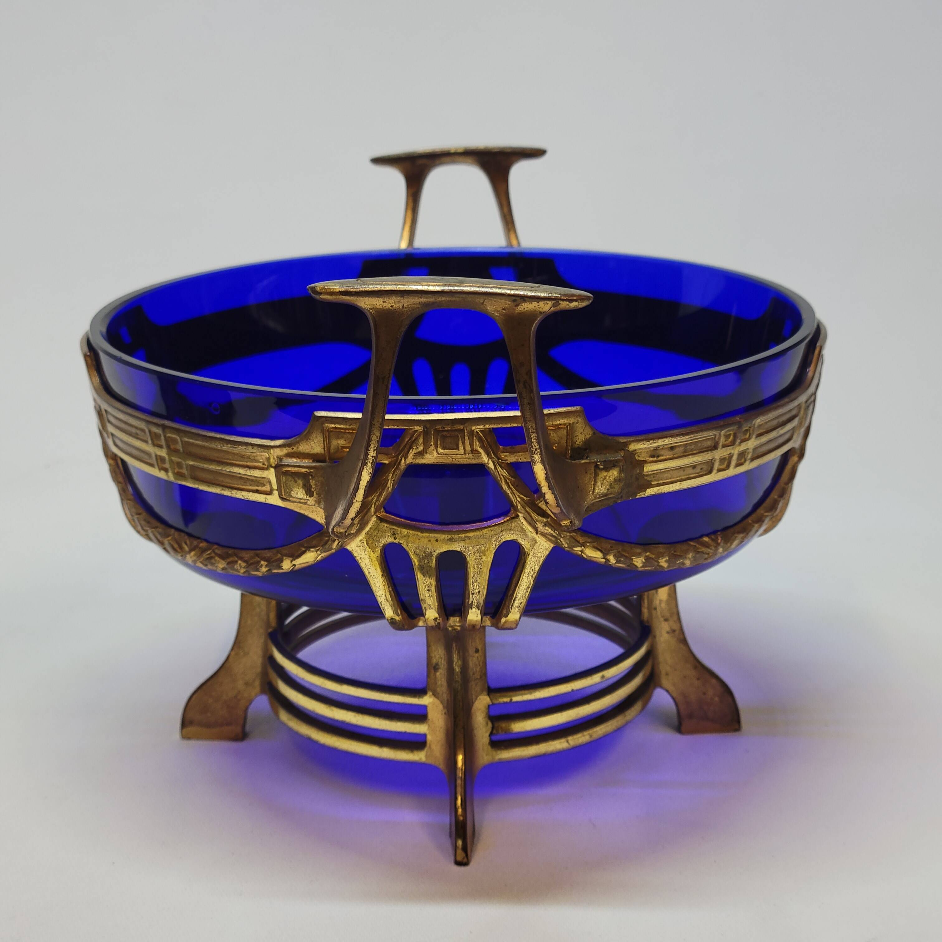 Antique gold metal and cobalt blue glass centerpiece planter