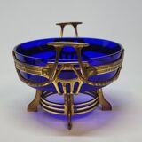 Ancienne jardinière centre de table en métal doré et verre bleu cobalt