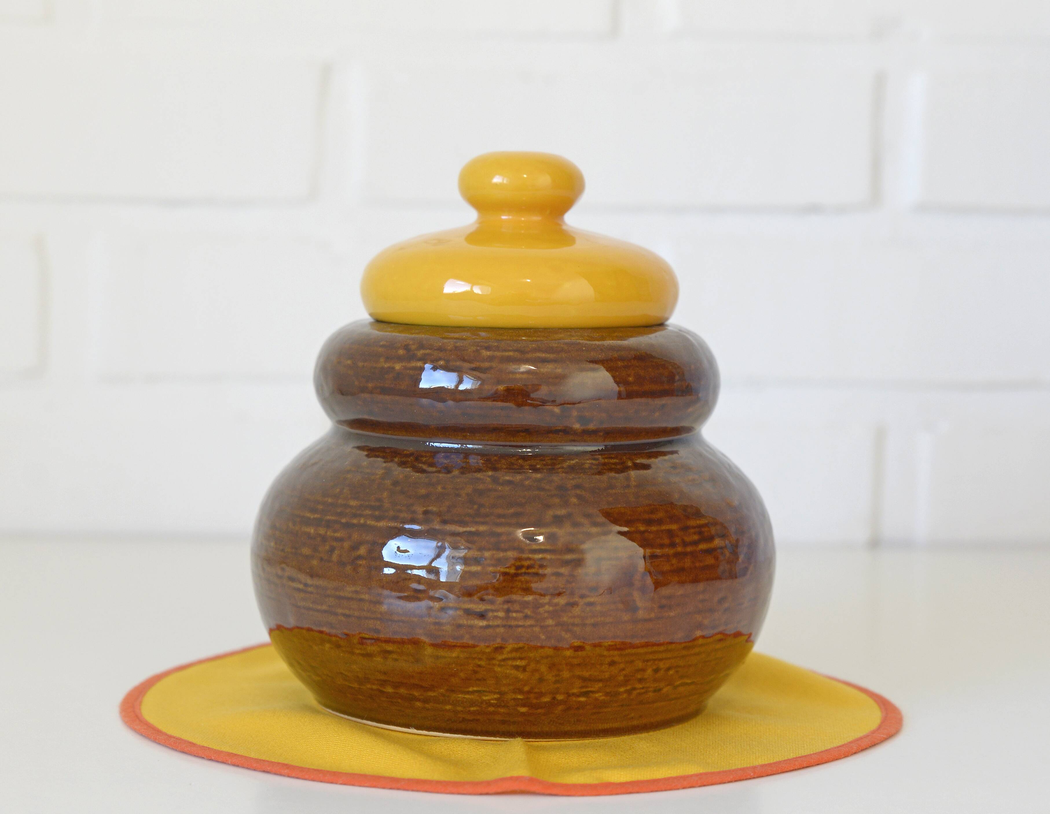 Vintage Handmade Ceramic Jar / Brown & Yellow Retro Kitchen Pottery