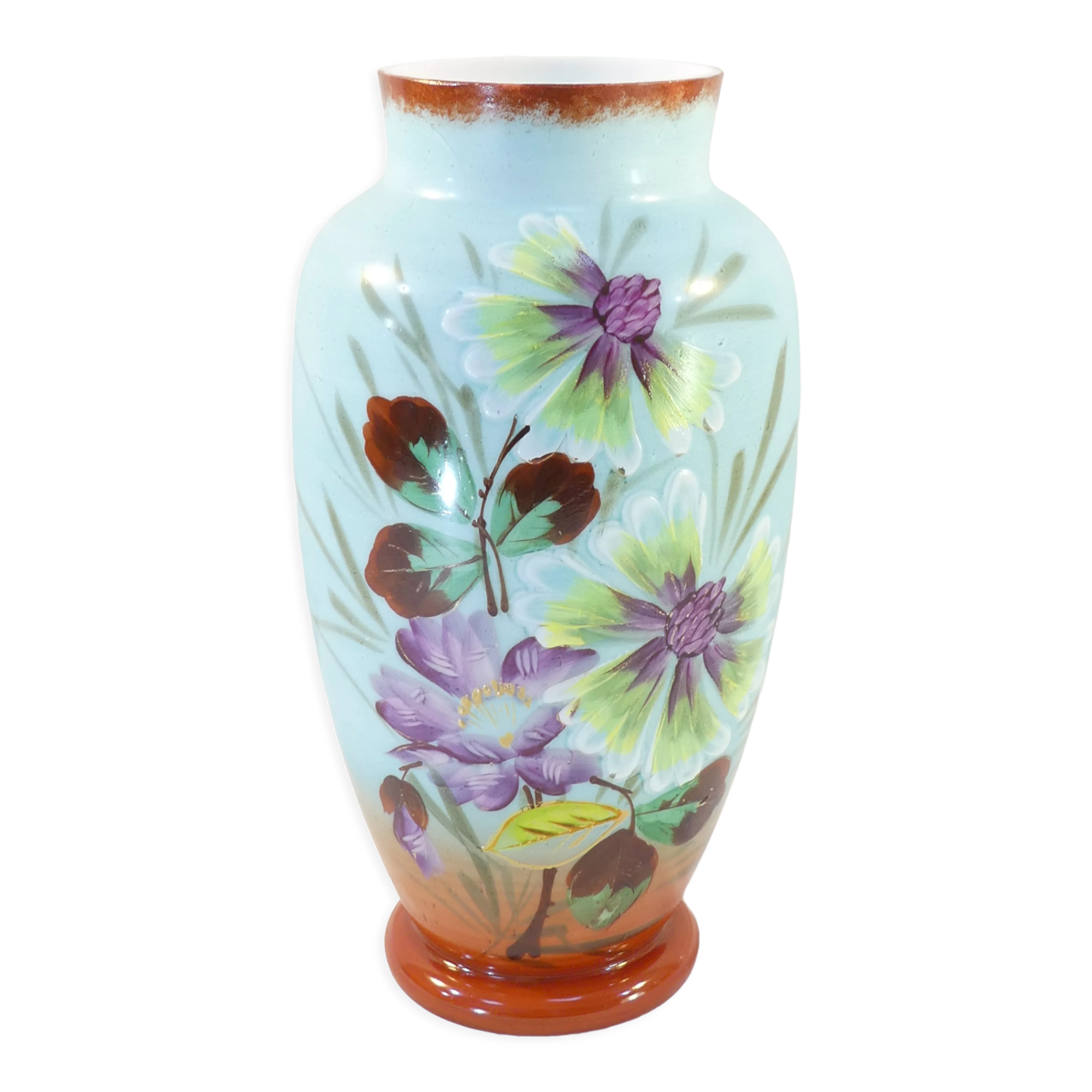 Vase in opaline opaline glass hand painted flower decoration