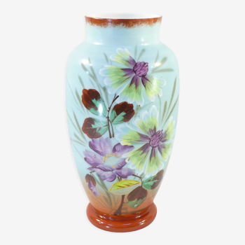 Vase in opaline opaline glass hand painted flower decoration