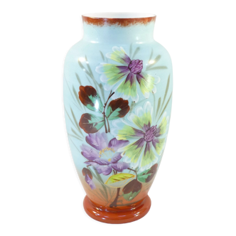 Vase in opaline opaline glass hand painted flower decoration