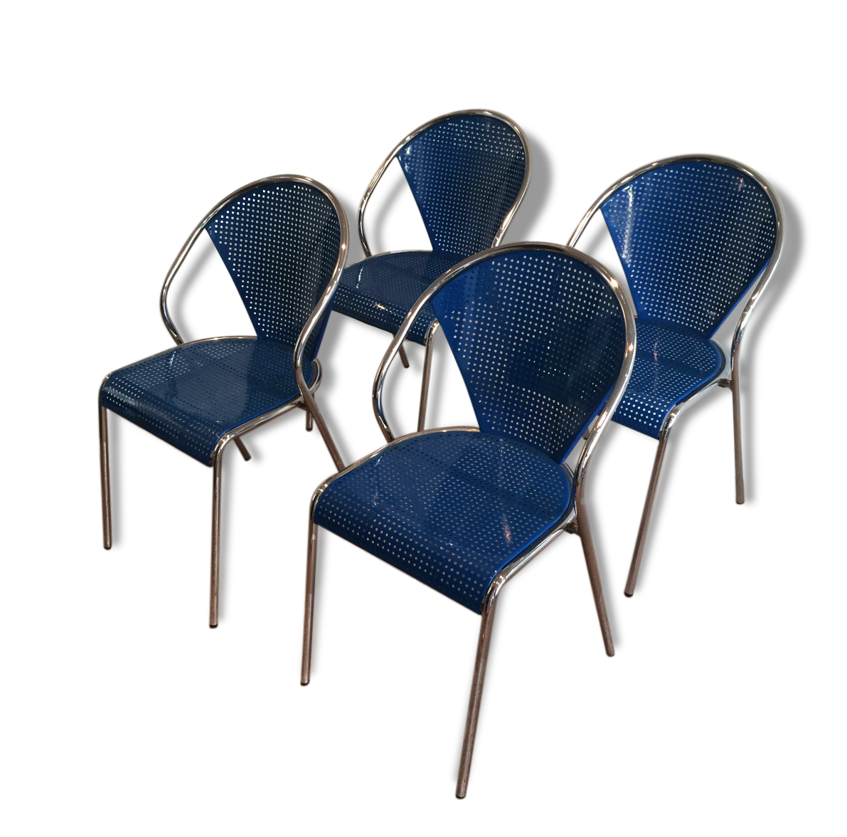Set of 4 chairs chrome-based perforated metal blue color, around 1980