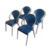 Set of 4 chairs chrome-based perforated metal blue color, around 1980