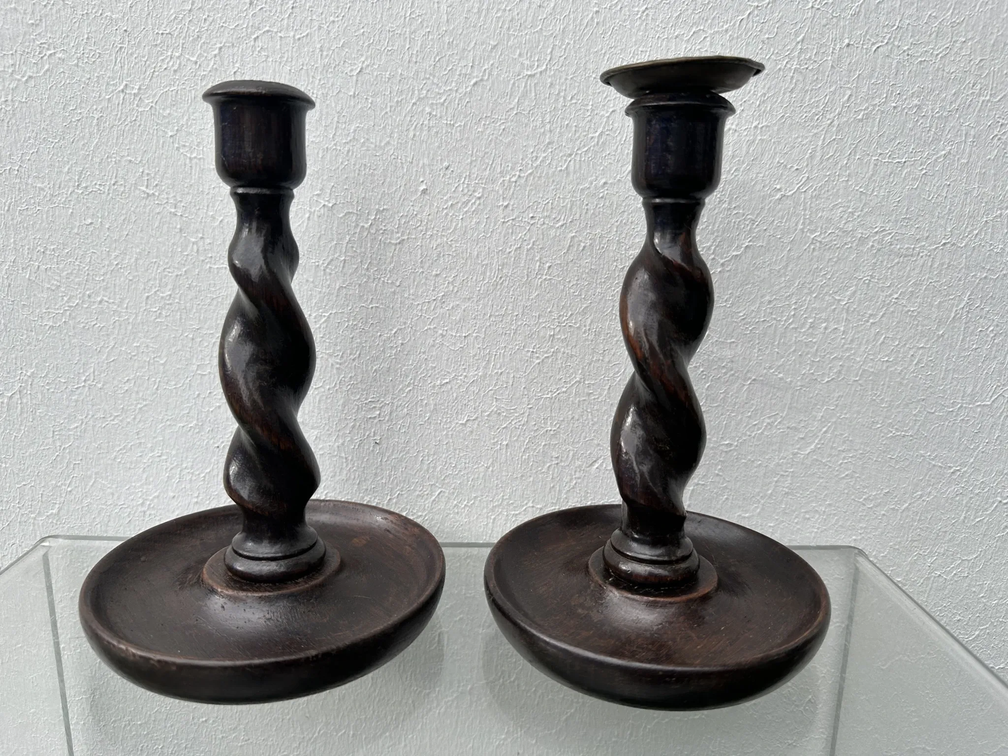 Pair of English oak Barley Twist candlesticks