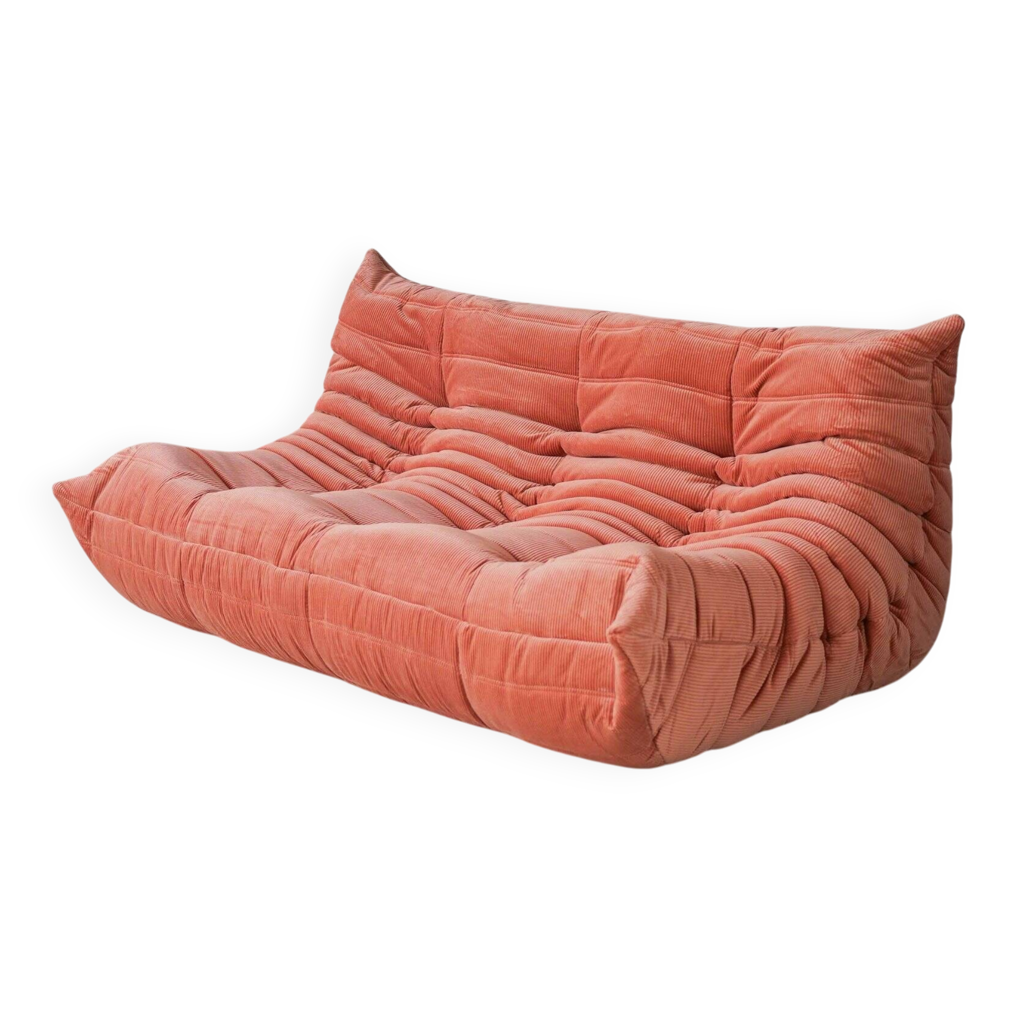 Coral corduroy Togo three-seat sofa by Michel Ducaroy for Ligne Roset