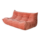 Coral corduroy Togo three-seat sofa by Michel Ducaroy for Ligne Roset