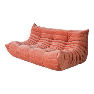Coral corduroy Togo three-seat sofa by Michel Ducaroy for Ligne Roset