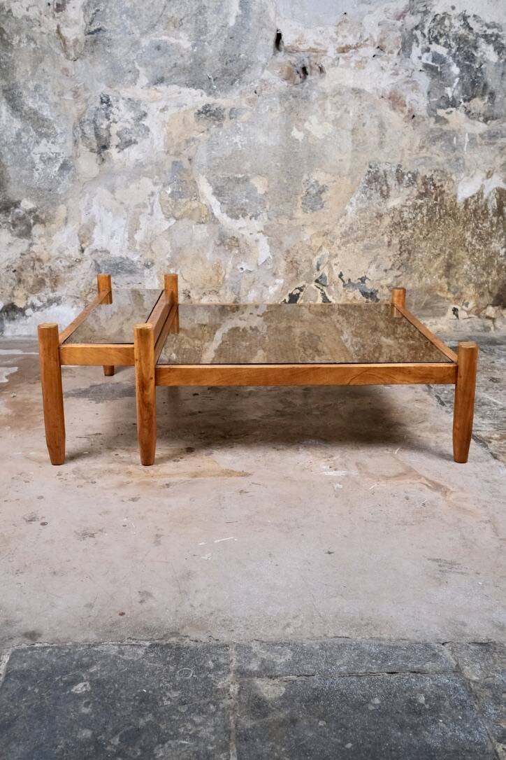 Cane and smoked glass coffee table, France, 1980.