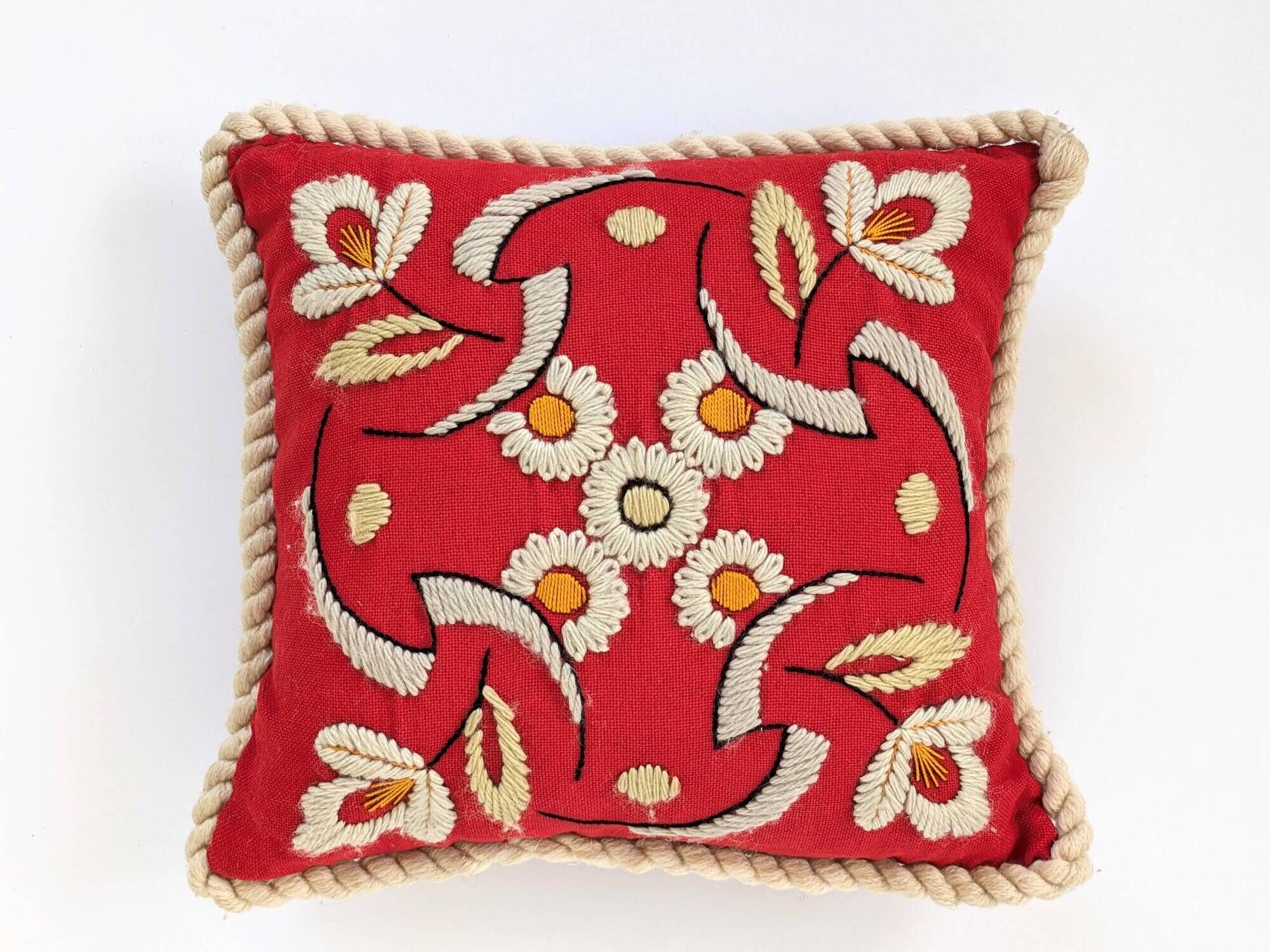 Floral decorative cushion | Wool embroidery | 70s