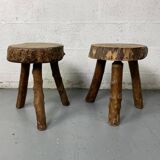 Pair of tripod stools in raw wood