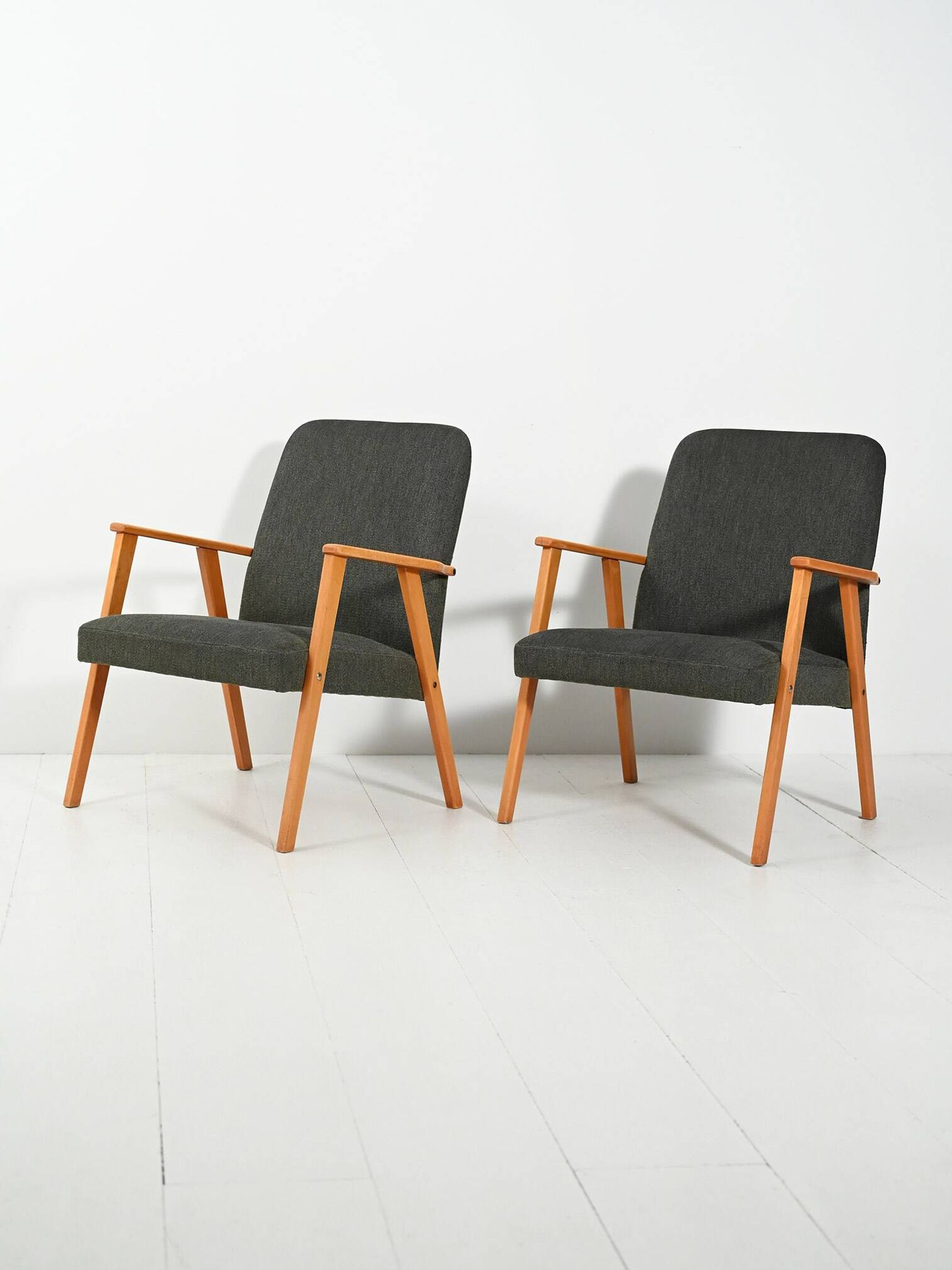 Pair of Beech Armchairs with grey upholstery