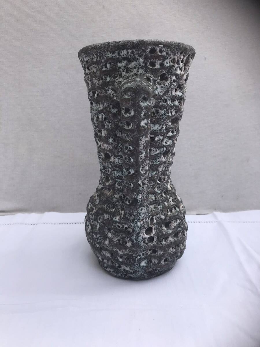 Vintage annette roux fat lava ceramic grey & white foams ancient vase