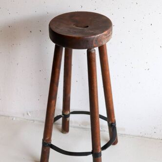 Tabouret de bar brutaliste en bois années 60