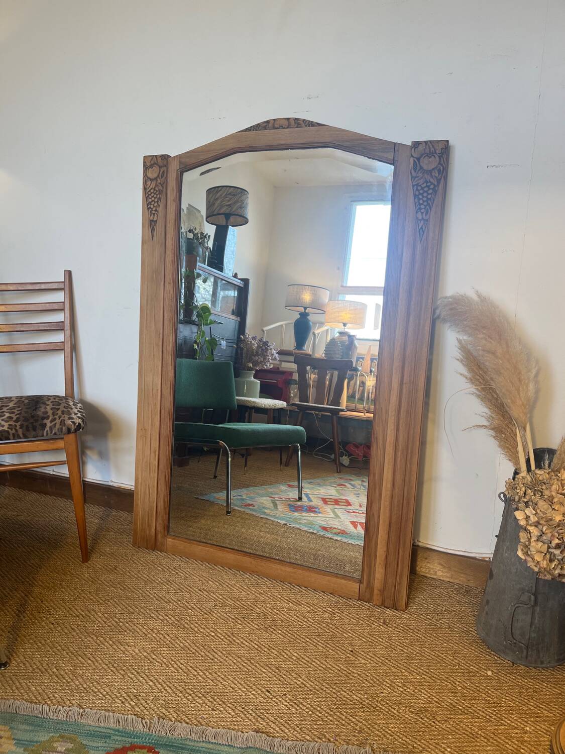 Large old art deco mirror in wood and beveled glass