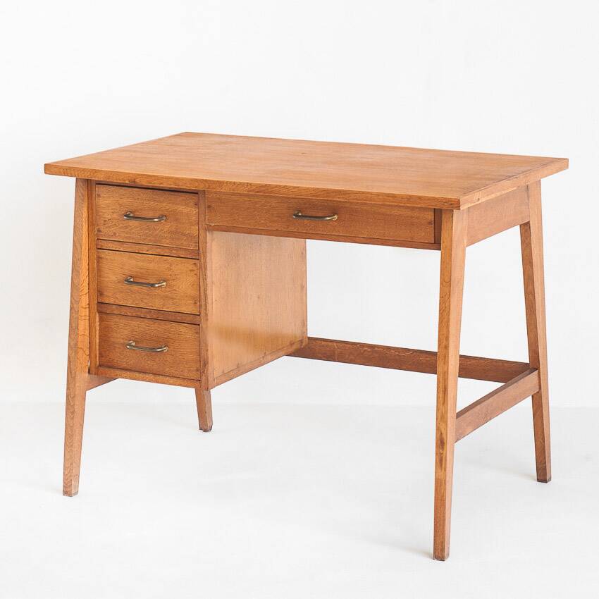 Vintage oak desk. Compass legs with drawers. France, 1950s