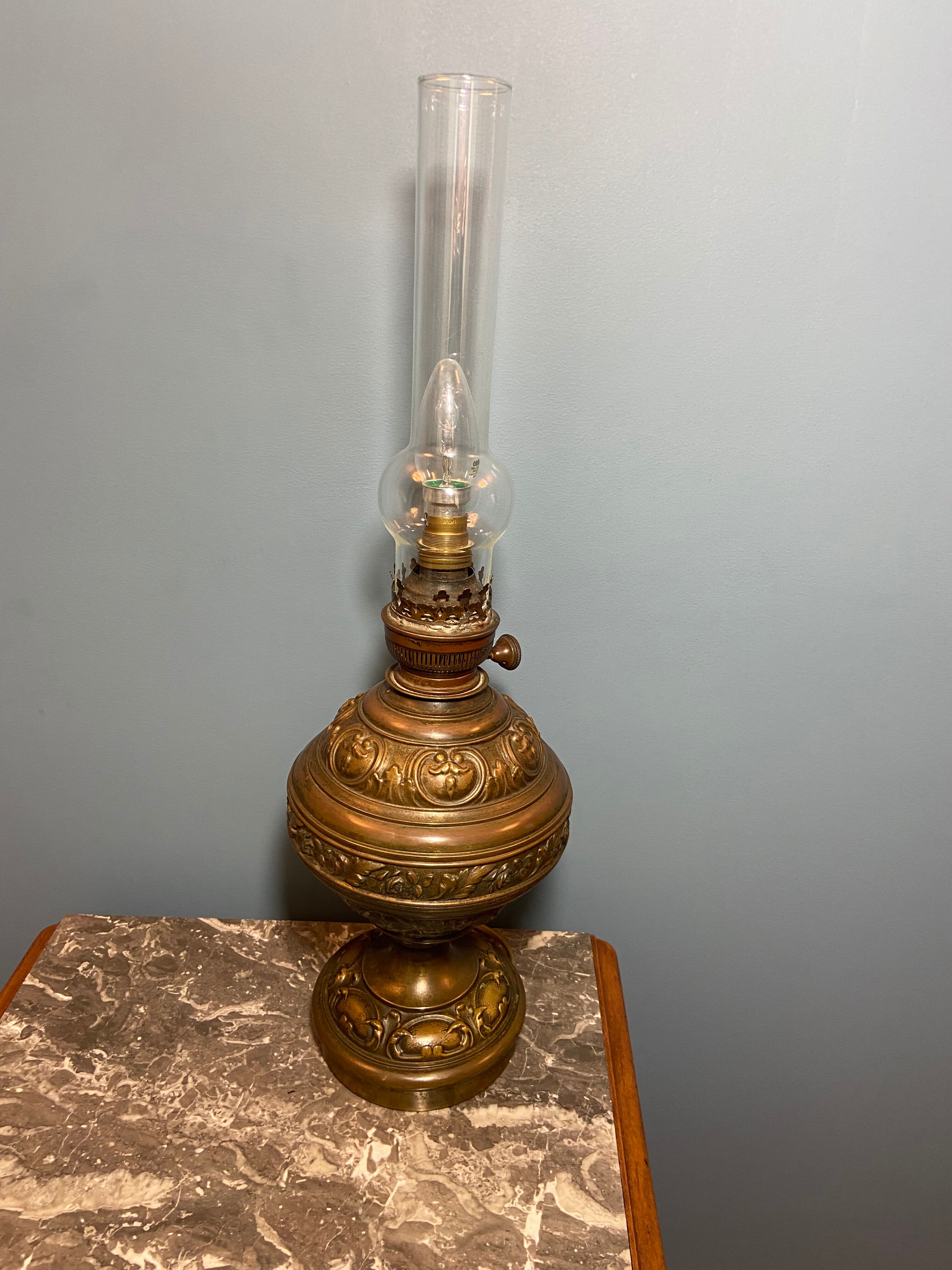 Nineteenth electrified brass kerosene lamp