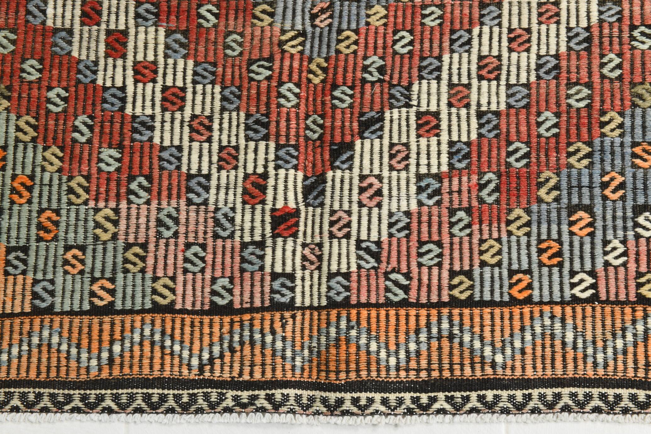 Burgundy & Green Turkish Vintage Kilim Rug