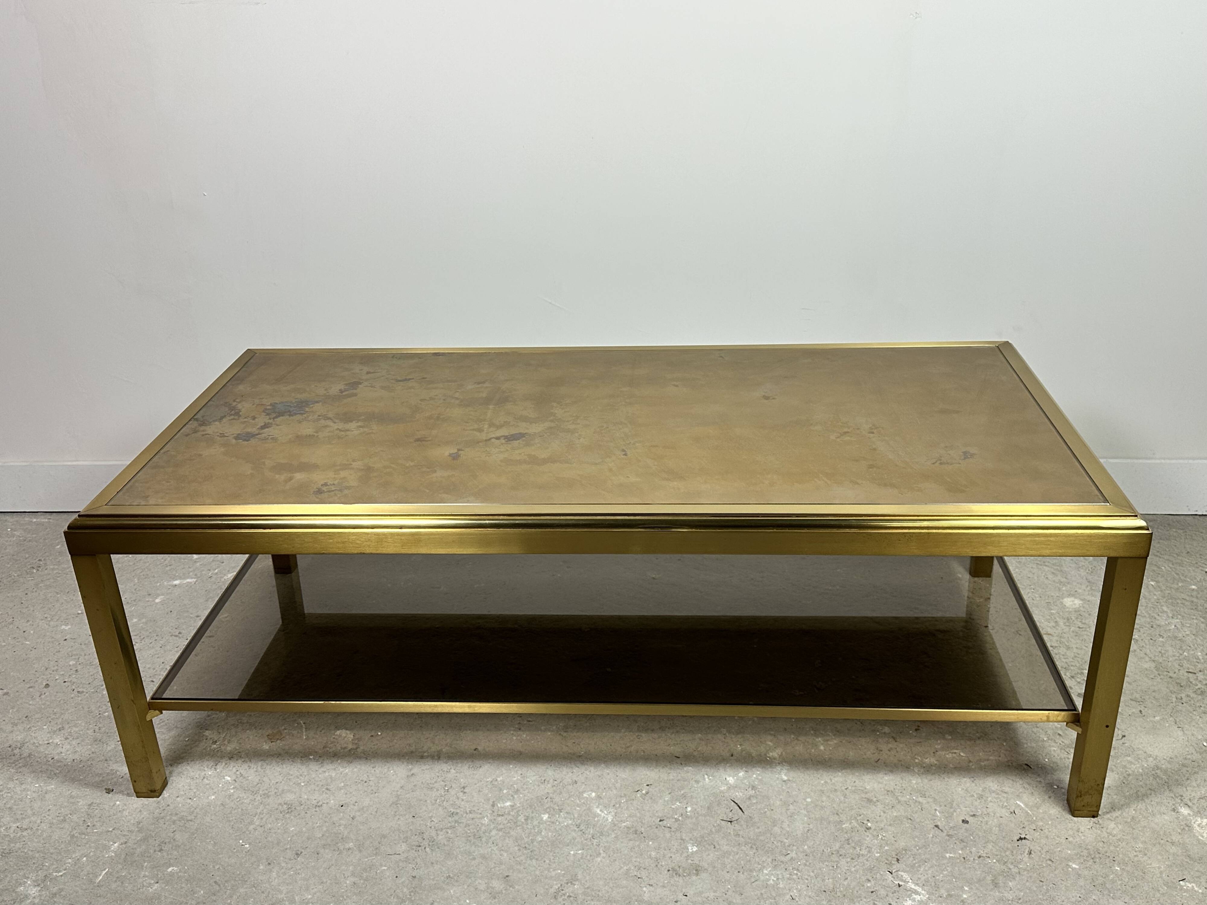 Vintage 70'S Hollywood Regency Brass and Iridescent Glass Coffee Table