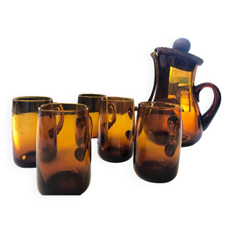 Amber carafe and 5 cups (sangria service