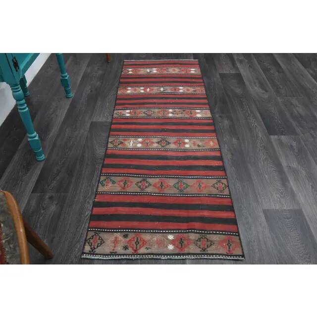 1970s Turkish Oushak handmade wool cotton red kilim runner 71x202