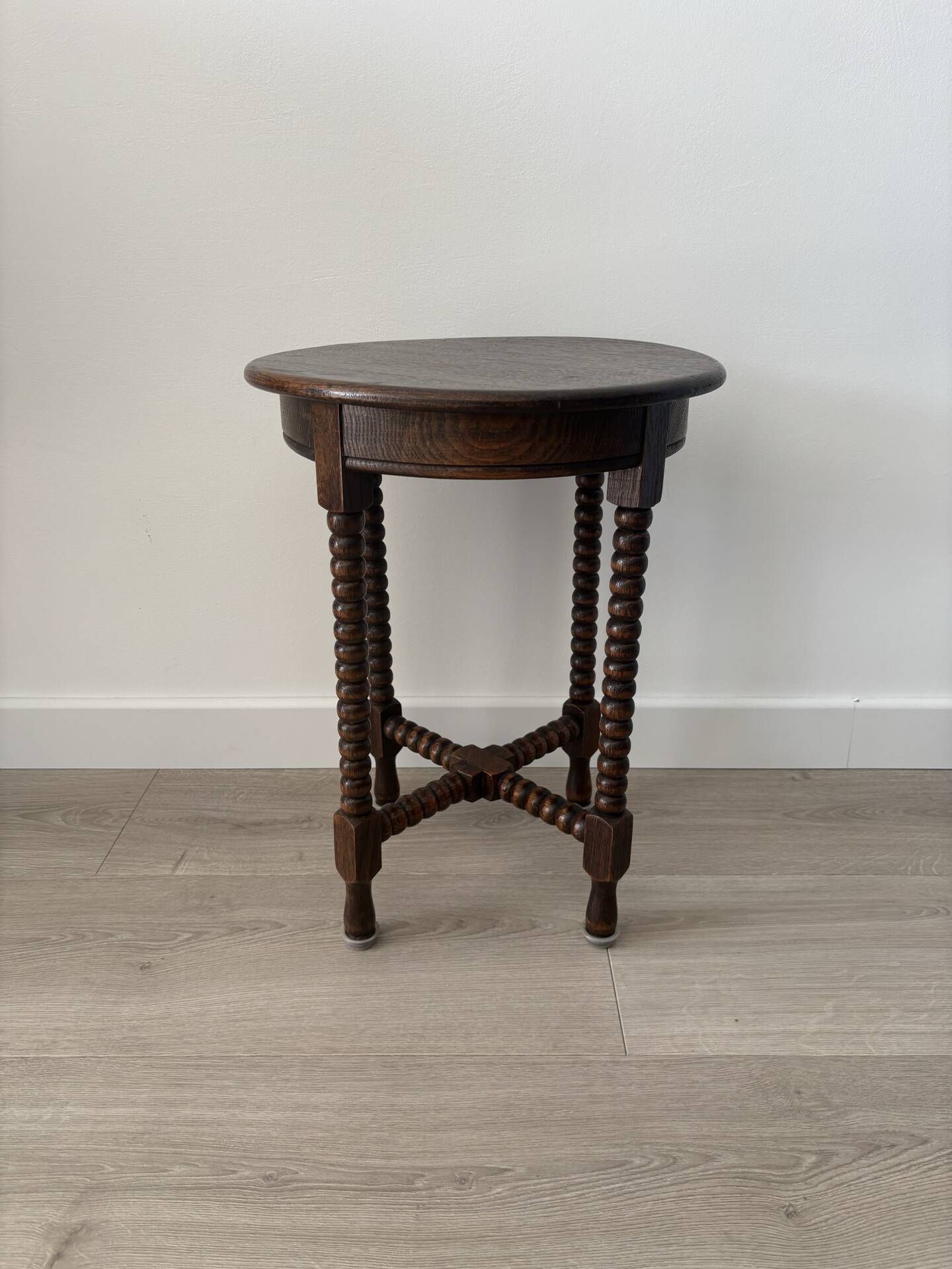 Small vintage turned wooden side table, round wooden accent table.