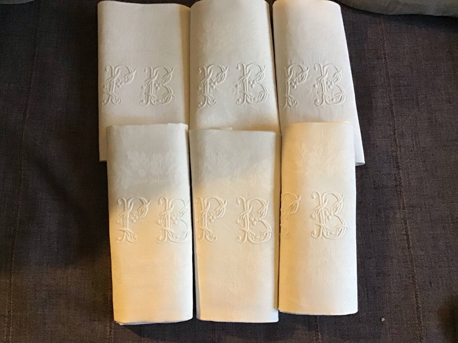 Set of 6 19th century hunting napkins marked “PB”