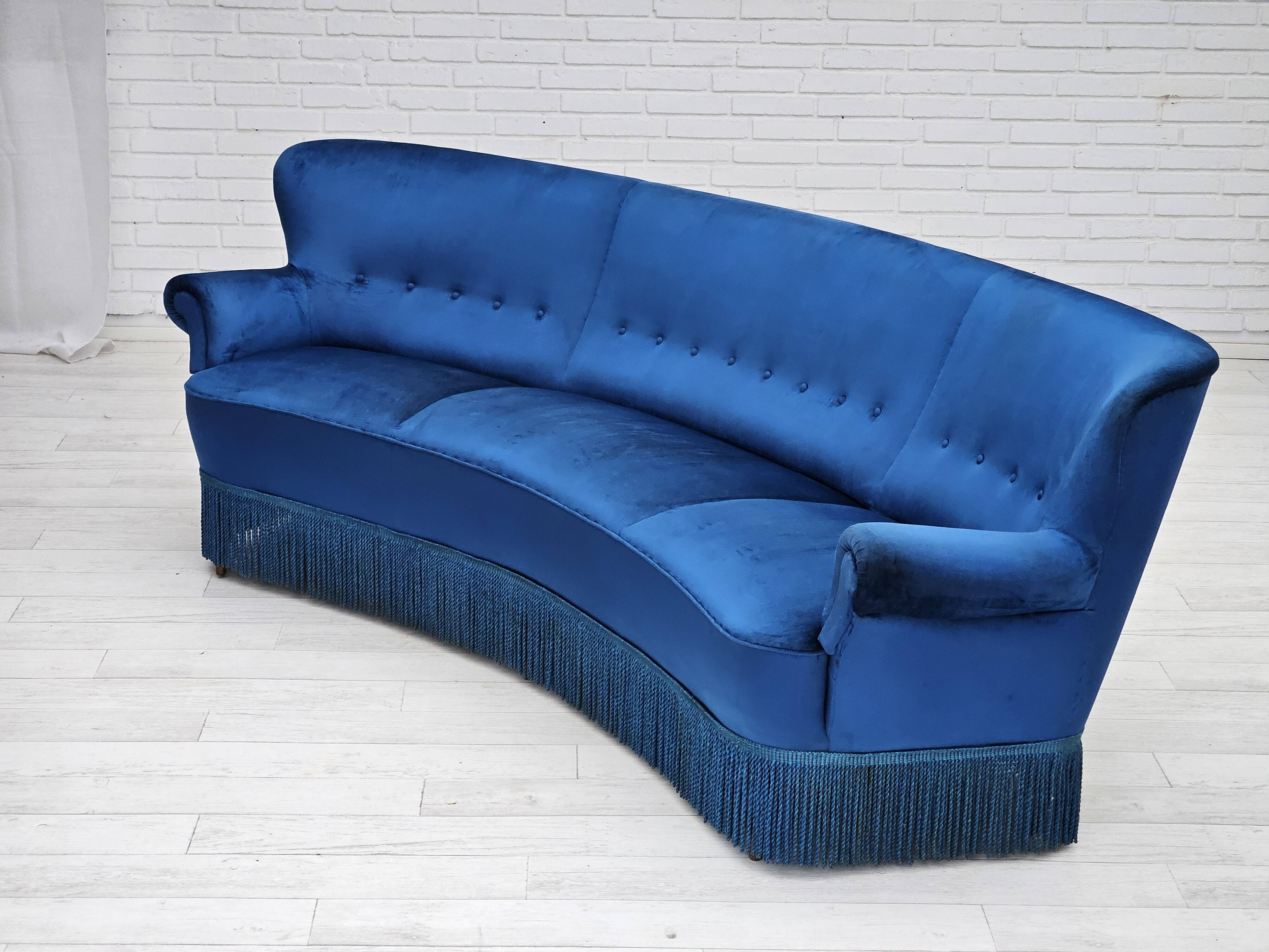 1960s, Danish 3-seater curved sofa, blue furniture velour, beech wood legs.