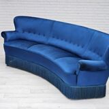 1960s, Danish 3-seater curved sofa, blue furniture velour, beech wood legs.